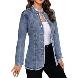 Women's Plus Size Denim Jacket Cotton Slim Fit Raw Hem Stand Collar